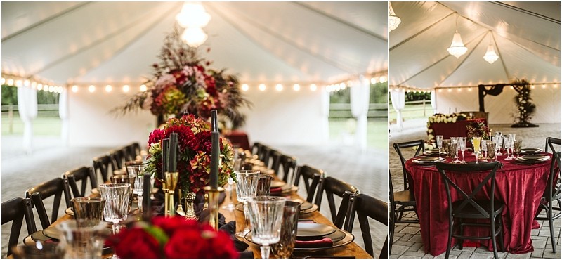 Elegant event setup under a white tent in snohomish with chandeliers featuring long and round tables adorned with red and burgundy floral centerpieces crystal glassware and dark chairs Warm string lights create a cozy atmosphere Snohomish wedding photography