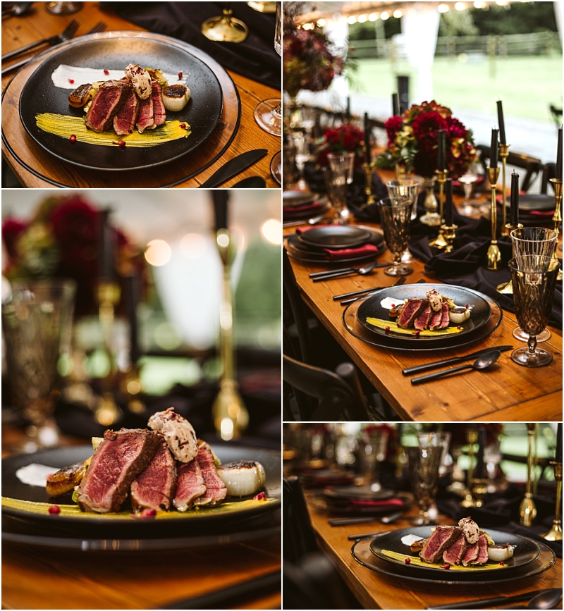 A collage of four images showing a gourmet plated steak dish elegantly garnished and served on a black plate set amid gold accents flowers and glassware in an upscale snohomish dining environment Snohomish wedding photography