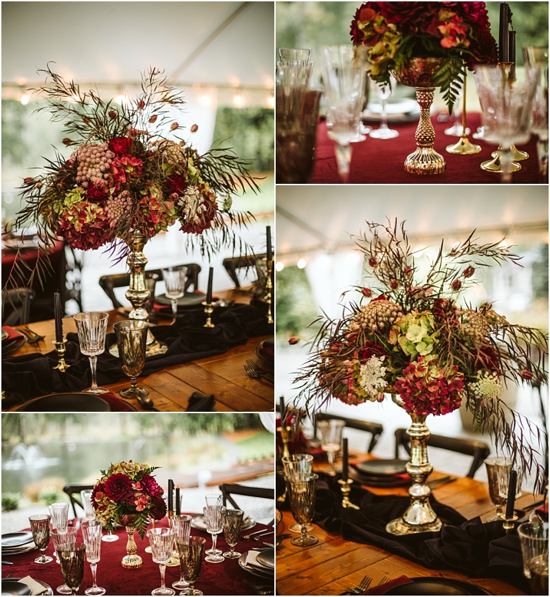 Elegant table settings with gold candlesticks crystal glassware and lush floral centerpieces in red pink and green adorn rich burgundy tablecloths under a tent for a charming snohomish celebration Snohomish wedding photography