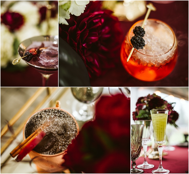 A collage of four elegant cocktails in snohomish a martini with berries an orange drink with blackberries a copper mug with bubbles and cinnamon stick and a flute with a pale green drink surrounded by flowers and stylish glassware Snohomish wedding photography