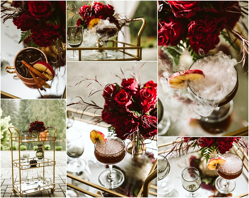 A collage featuring a gold bar cart with drinkware cocktails garnished with peach slices and cinnamon sticks and red rose arrangements Drinks emit dramatic smoke adding an elegant festive snohomish flair to the atmosphere Snohomish wedding photography