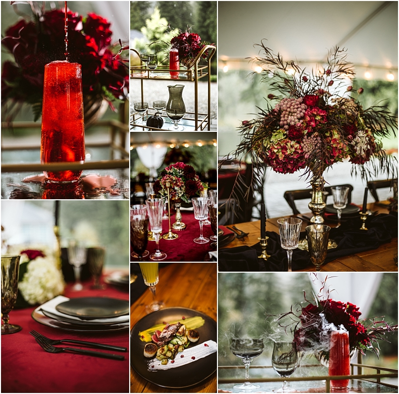 A collage of elegant table settings in snohomish features deep red candles lush floral centerpieces with red and pink flowers gold accents glassware and a gourmet plated dish on wooden tables draped with rich burgundy linens Snohomish wedding photography