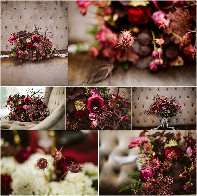 A collage of close up photos features a moody romantic bridal bouquet with deep burgundy purple and pink flowers arranged on a tufted beige chairperfect for an elegant snohomish wedding Fine details and unique textures are captured throughout Snohomish wedding photography