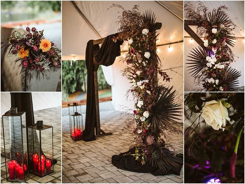 A collage of wedding decor in snohomish featuring a floral arch with dark drapery white and red flowers dried leaves lanterns with red candles and close ups of bouquets and arrangements under a white tent Snohomish wedding photography
