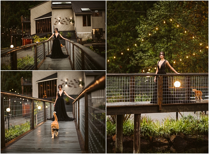 A woman in a long black dress stands and walks on a wooden footbridge with string lights in snohomish next to a modern house An orange cat is seen walking on the bridge near her in two of the photos Snohomish wedding photography