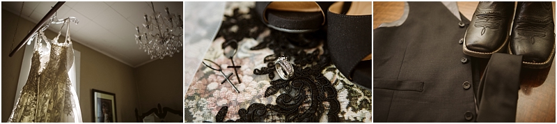 A collage featuring a lace wedding dress on a hanger a close up of embroidered lace fabric and a grooms black vest and dress shoes laid outcapturing timeless bridal elegance in snohomish Snohomish wedding photography