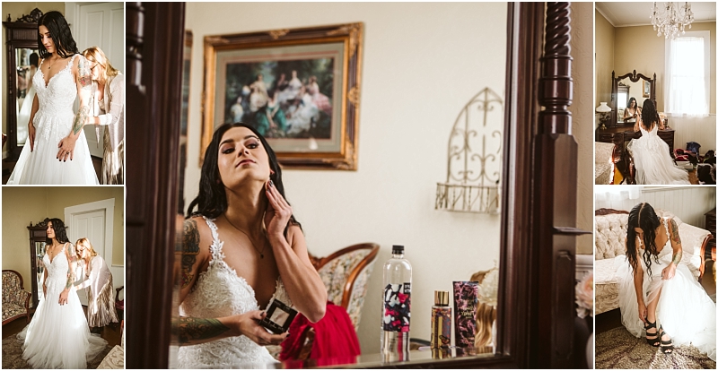 A bride in a white gown prepares for her snohomish wedding adjusting jewelry and dress in a vintage styled room with ornate furniture and framed art seen in candid moments and reflected in a mirror Snohomish wedding photography