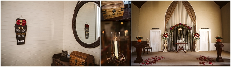 Collage of a wedding setup in snohomish a coffin shaped sign with til death do us part a wooden chest a mirror a close up of a candle and a chapel altar adorned with flowers and rose petals Snohomish wedding photography