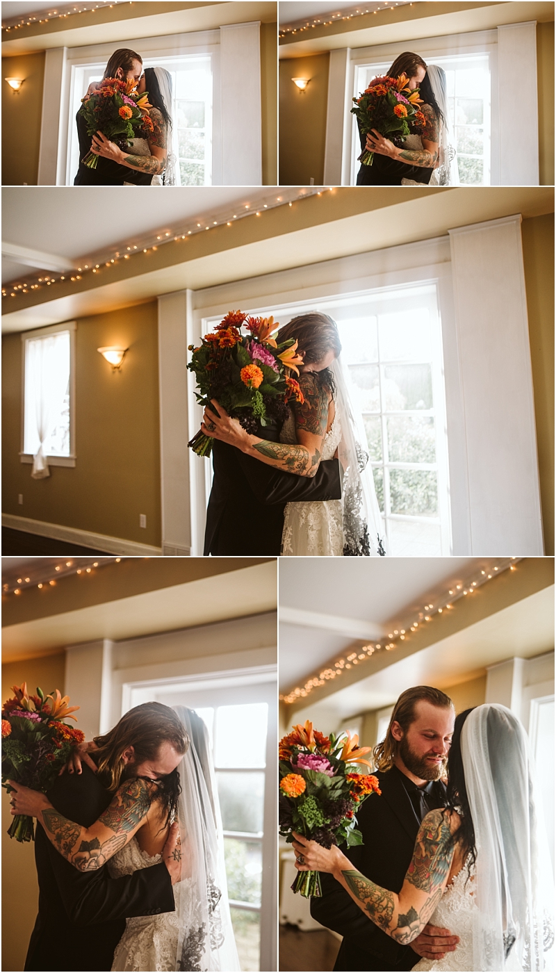 A collage of five photos shows a bride and groom embracing indoors near a window in snohomish the bride holding a colorful bouquet The groom has long hair and tattoos and the room is decorated with string lights Snohomish wedding photography