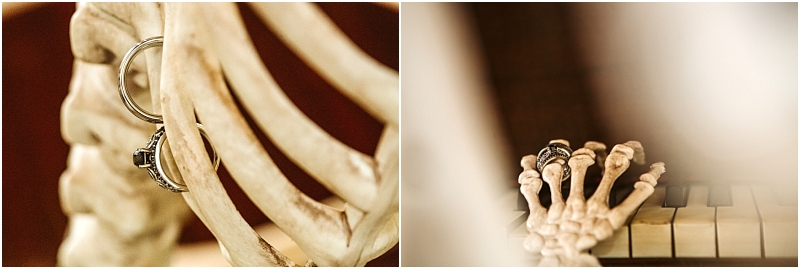 Close up of rings hanging on a skeletons ribcage left and rings worn on a skeleton hand pressing piano keys right both evoking a spooky yet romantic themeperfect for snohomish inspired halloween romance Snohomish wedding photography