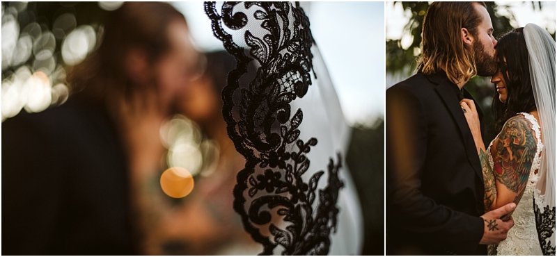 Two photos on the left a blurred couple kisses behind a white veil with black lace in snohomish on the right the couple embraces the man kisses the womans head showing her tattooed arm and veil Snohomish wedding photography