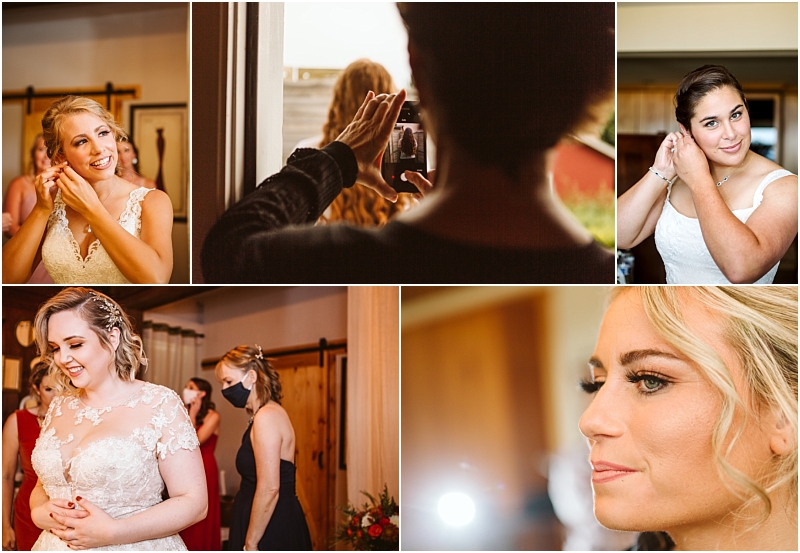 A collage of five snohomish wedding preparation photos featuring brides and bridesmaids getting readyputting on earrings posing for photos adjusting dresses and close-up shots of makeup and hair styling Snohomish wedding photography A collage of five snohomish wedding preparation photos featuring brides and bridesmaids getting readyputting on earrings posing for photos adjusting dresses and close up shots of makeup and hair styling Snohomish wedding photography