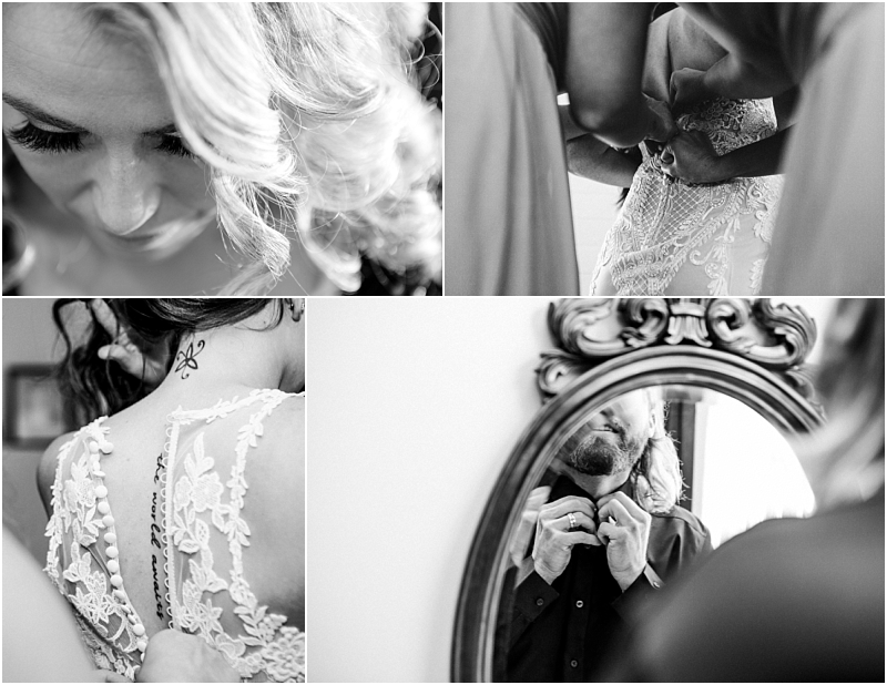 A black-and-white collage captures intimate moments of a snohomish bride getting ready hair and dress details hands fastening her gown a tattoo on her back and a man adjusting his tie in the mirror Snohomish wedding photography A black and white collage captures intimate moments of a snohomish bride getting ready hair and dress details hands fastening her gown a tattoo on her back and a man adjusting his tie in the mirror Snohomish wedding photography