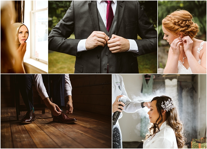 A collage of snohomish wedding preparations a woman looking in a mirror a man buttoning his suit a bride putting on earrings a man tying dress shoes and a bride having her hair sprayed Snohomish wedding photography A collage of snohomish wedding preparations a woman looking in a mirror a man buttoning his suit a bride putting on earrings a man tying dress shoes and a bride having her hair sprayed Snohomish wedding photography
