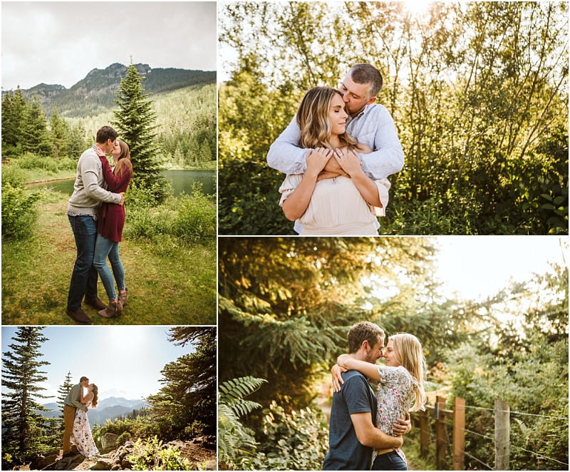 A collage of four photos shows a couple embracing and kissing in various outdoor sunlit snohomish locations surrounded by trees greenery and mountains The couple appears happy and affectionate in each scene Snohomish wedding photography A collage of four photos shows a couple embracing and kissing in various outdoor sunlit snohomish locations surrounded by trees greenery and mountains The couple appears happy and affectionate in each scene Snohomish wedding photography