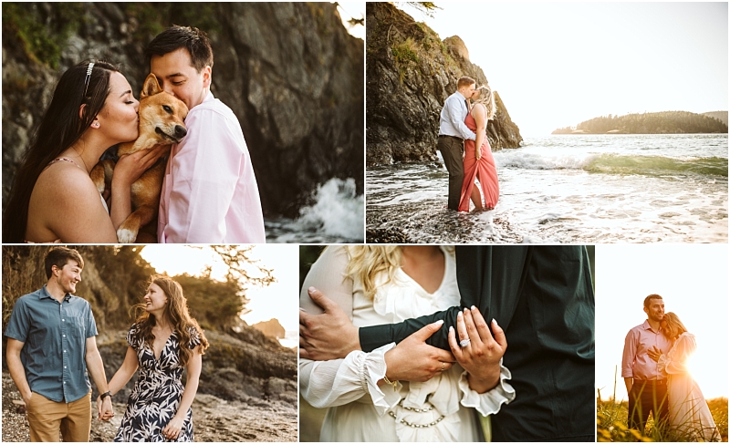 A collage of five photos showing couples at the beach in snohomish hugging holding hands embracing one couple with a dog and one displaying an engagement ringall bathed in warm golden sunlight Snohomish wedding photography A collage of five photos showing couples at the beach in snohomish hugging holding hands embracing one couple with a dog and one displaying an engagement ringall bathed in warm golden sunlight Snohomish wedding photography