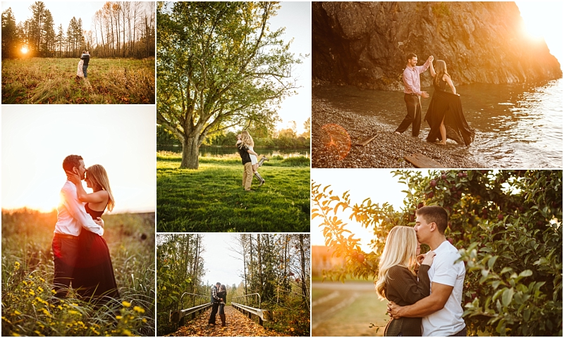 A collage of couples embracing outdoors at sunset in scenic snohomishfields by water and among treesall bathed in warm golden light Snohomish wedding photography A collage of couples embracing outdoors at sunset in scenic snohomishfields by water and among treesall bathed in warm golden light Snohomish wedding photography