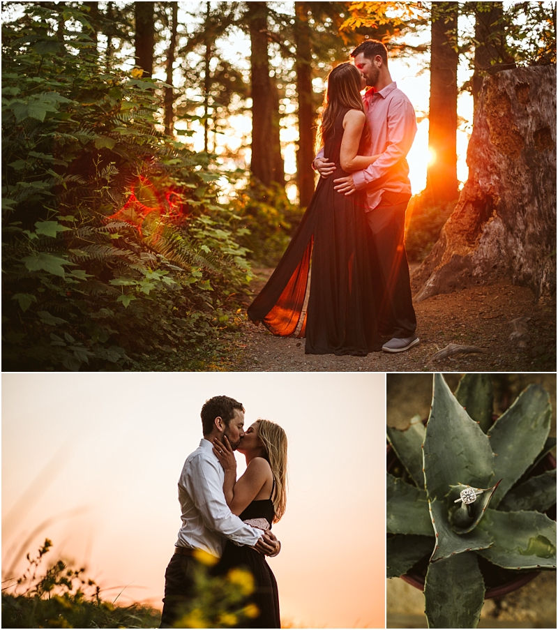 A couple embraces in a snohomish forest at sunset Inset photos show the couple kissing at dusk and a close-up of a green succulent plant Warm light and natural scenery create a romantic atmosphere Snohomish wedding photography A couple embraces in a snohomish forest at sunset Inset photos show the couple kissing at dusk and a close up of a green succulent plant Warm light and natural scenery create a romantic atmosphere Snohomish wedding photography