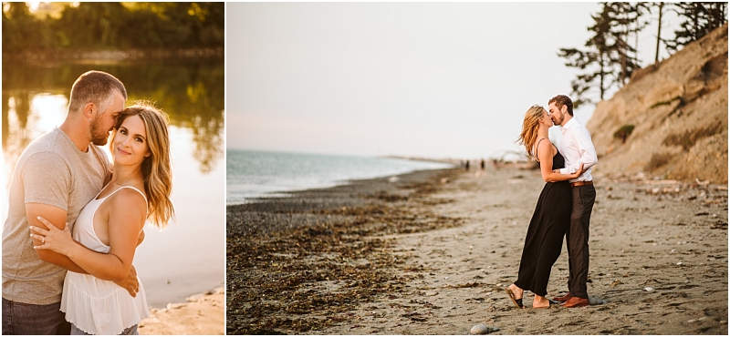 A couple embraces by a calm snohomish lake in the left photo and shares a kiss on a sandy beach at sunset in the right Both scenes capture warm romantic moments outdoors Snohomish wedding photography A couple embraces by a calm snohomish lake in the left photo and shares a kiss on a sandy beach at sunset in the right Both scenes capture warm romantic moments outdoors Snohomish wedding photography