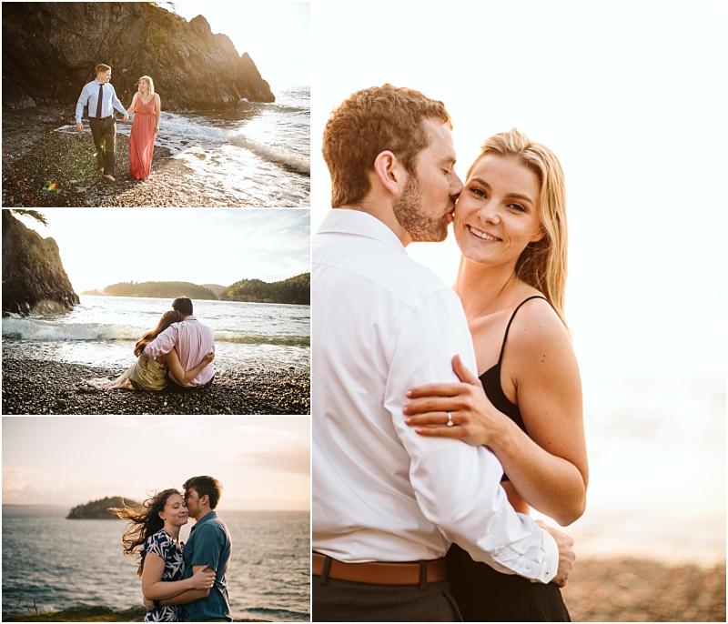 A collage of four romantic beach photos featuring a snohomish couple walking near rocky cliffs sitting and embracing on the shore and a close-up of the man kissing the smiling womans cheek at sunset Snohomish wedding photography A collage of four romantic beach photos featuring a snohomish couple walking near rocky cliffs sitting and embracing on the shore and a close up of the man kissing the smiling womans cheek at sunset Snohomish wedding photography