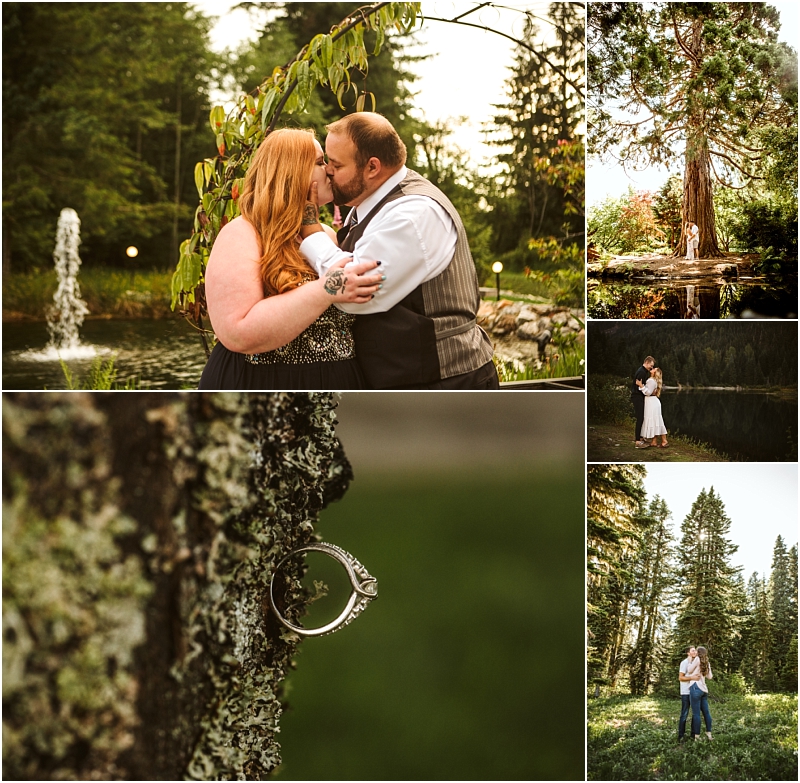 A collage shows a snohomish engaged couple embracing near a pond a towering tree the couple standing on a path a close-up of an engagement ring on tree bark and the couple hugging in a grassy forested area Snohomish wedding photography A collage shows a snohomish engaged couple embracing near a pond a towering tree the couple standing on a path a close up of an engagement ring on tree bark and the couple hugging in a grassy forested area Snohomish wedding photography