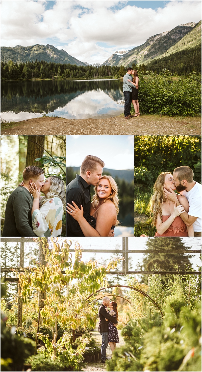 A couple embraces and kisses in various outdoor snohomish settings including a lakeside by mountains a forest a garden and under a sunlit archway surrounded by lush greenery and sunlight Snohomish wedding photography A couple embraces and kisses in various outdoor snohomish settings including a lakeside by mountains a forest a garden and under a sunlit archway surrounded by lush greenery and sunlight Snohomish wedding photography