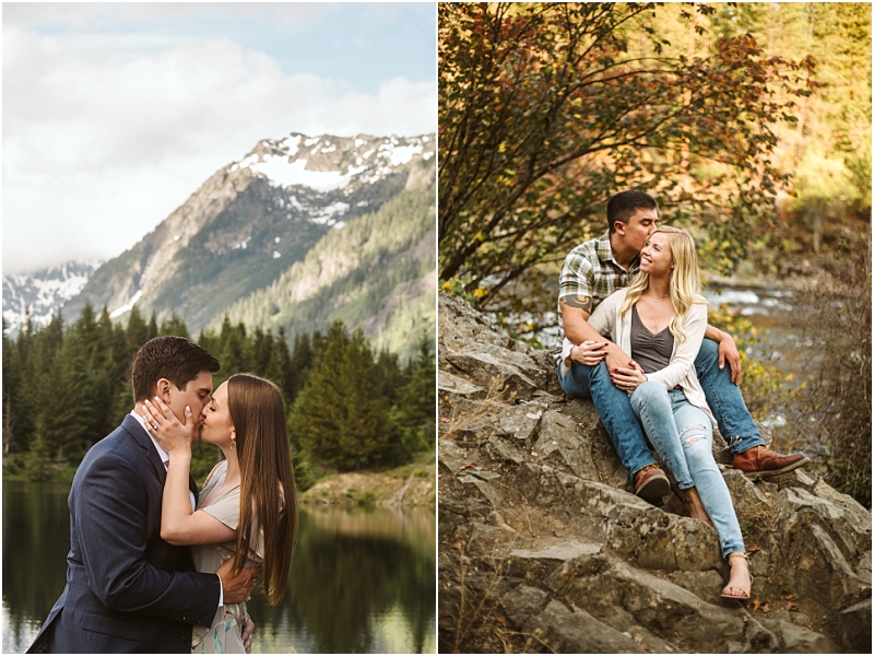 A couple shares a romantic moment outdoors in snohomish on the left they kiss by a lake with mountains behind them and on the right they sit on rocks near a river holding each other and smiling Snohomish wedding photography A couple shares a romantic moment outdoors in snohomish on the left they kiss by a lake with mountains behind them and on the right they sit on rocks near a river holding each other and smiling Snohomish wedding photography