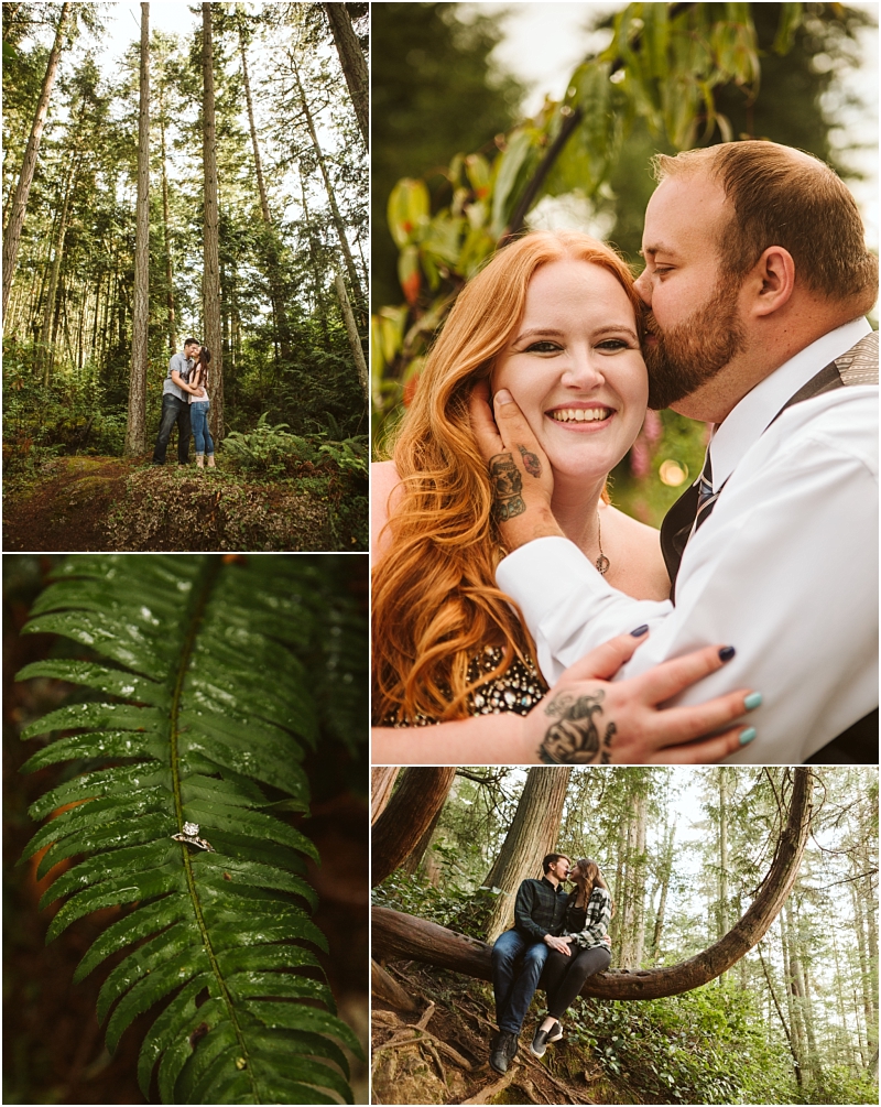 A collage of four images a couple stands in a snohomish forest the man kisses the womans forehead as she smiles an engagement ring rests on a fern and the couple sits together on a curved tree branch Snohomish wedding photography A collage of four images a couple stands in a snohomish forest the man kisses the womans forehead as she smiles an engagement ring rests on a fern and the couple sits together on a curved tree branch Snohomish wedding photography