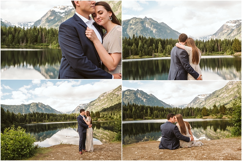A couple poses affectionately by a serene snohomish mountain lake surrounded by pine trees and snow-capped peaks sharing tender moments and gazing at the scenic landscape in formal attire Snohomish wedding photography A couple poses affectionately by a serene snohomish mountain lake surrounded by pine trees and snow capped peaks sharing tender moments and gazing at the scenic landscape in formal attire Snohomish wedding photography