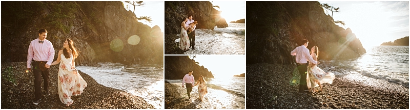 A couple in dressy attire walks and dances together on a rocky snohomish beach at sunset smiling and enjoying the golden light by the ocean with cliffs in the background Snohomish wedding photography A couple in dressy attire walks and dances together on a rocky snohomish beach at sunset smiling and enjoying the golden light by the ocean with cliffs in the background Snohomish wedding photography