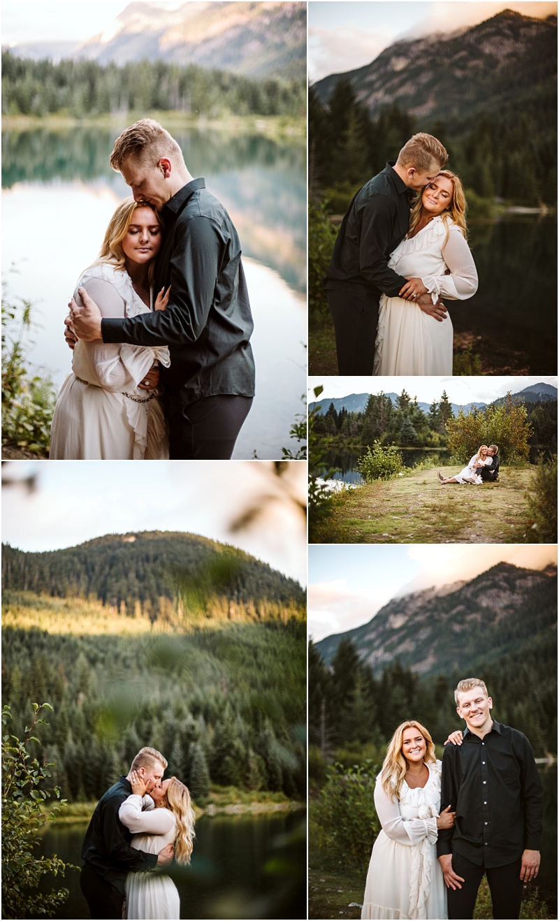 A couple poses affectionately in nature embracing and smiling by a scenic snohomish lake surrounded by mountains and forests in various romantic and candid moments Snohomish wedding photography A couple poses affectionately in nature embracing and smiling by a scenic snohomish lake surrounded by mountains and forests in various romantic and candid moments Snohomish wedding photography