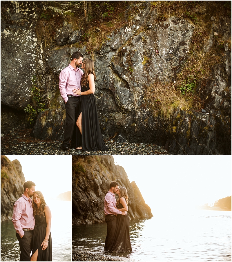 A couple stands close together by the rocky snohomish cliffs and water in two images they embrace at the waters edge as sunlight reflects off the surface Both are dressed formally the woman in a long black dress and the man in a pink shirt Snohomish wedding photography A couple stands close together by the rocky snohomish cliffs and water in two images they embrace at the waters edge as sunlight reflects off the surface Both are dressed formally the woman in a long black dress and the man in a pink shirt Snohomish wedding photography