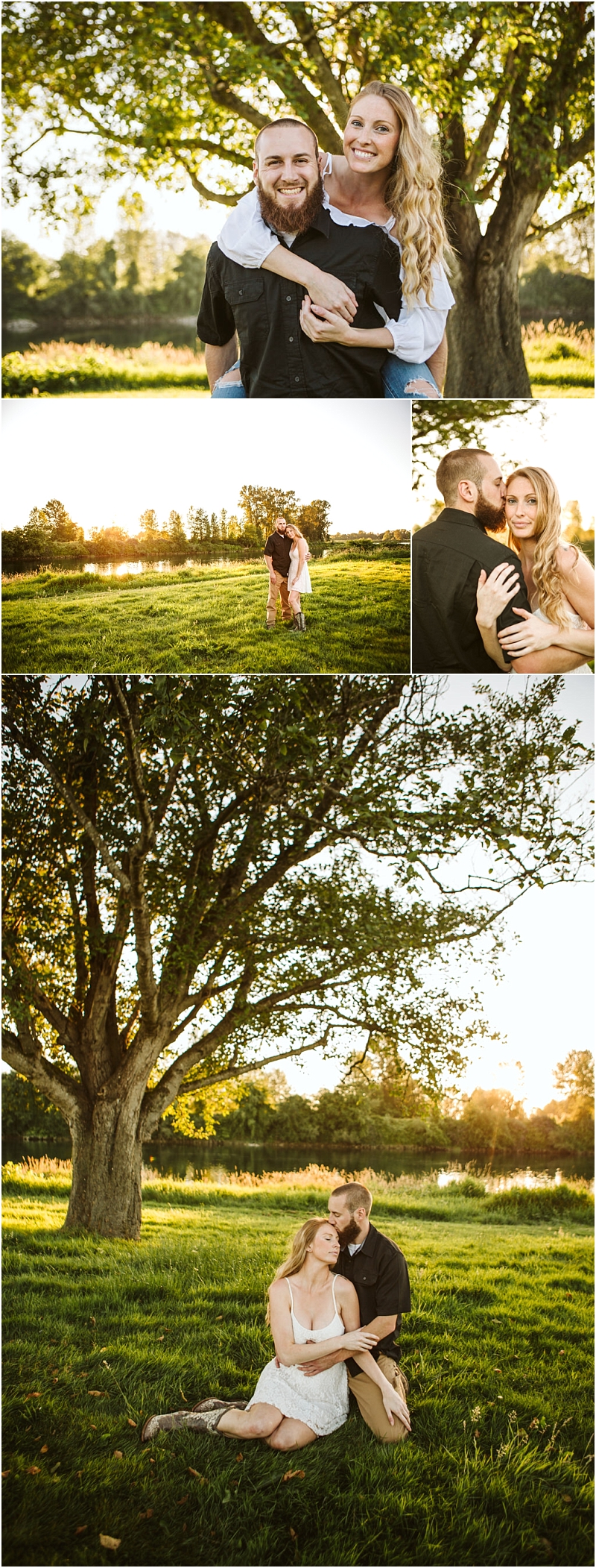 A smiling couple poses together under a large tree in a sunlit snohomish grassy field hugging holding hands and sitting close to each other during golden hour Snohomish wedding photography A smiling couple poses together under a large tree in a sunlit snohomish grassy field hugging holding hands and sitting close to each other during golden hour Snohomish wedding photography