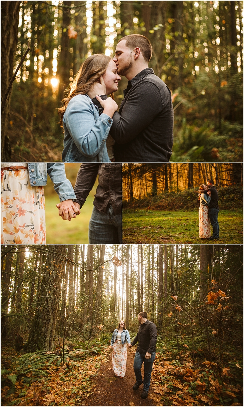 A couple walks through a sunlit snohomish forest holding hands embracing and sharing a forehead kiss The woman wears a floral dress and denim jacket the man wears a dark shirt and jeans Sunlight filters through tall trees Snohomish wedding photography A couple walks through a sunlit snohomish forest holding hands embracing and sharing a forehead kiss The woman wears a floral dress and denim jacket the man wears a dark shirt and jeans Sunlight filters through tall trees Snohomish wedding photography