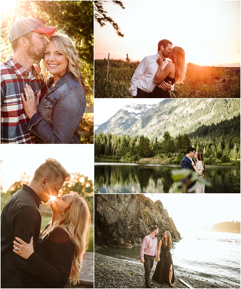 A collage of five outdoor engagement photos in scenic snohomish featuring a couple embracing kissing and walking together with mountains lakes trees and rocky shorelines bathed in sunlight Snohomish wedding photography A collage of five outdoor engagement photos in scenic snohomish featuring a couple embracing kissing and walking together with mountains lakes trees and rocky shorelines bathed in sunlight Snohomish wedding photography