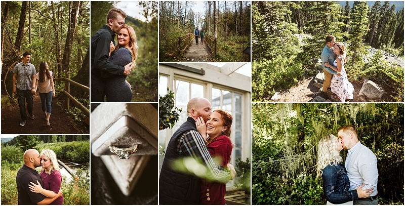 A collage of an engaged couple posing and embracing in various snohomish outdoor locations including forests and trails plus a close-up of an engagement ring in a box The couple appears happy and affectionate throughout the scenes Snohomish wedding photography A collage of an engaged couple posing and embracing in various snohomish outdoor locations including forests and trails plus a close up of an engagement ring in a box The couple appears happy and affectionate throughout the scenes Snohomish wedding photography