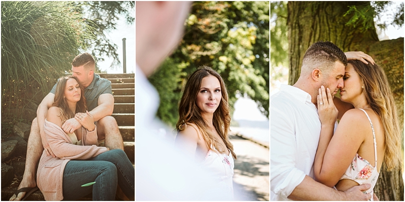 A couple poses outdoors in snohomish sitting together on steps gazing at each other and embracing under sunlit trees The woman wears a floral dress the man wears a white shirt The setting is filled with the beauty of nature Snohomish wedding photography A couple poses outdoors in snohomish sitting together on steps gazing at each other and embracing under sunlit trees The woman wears a floral dress the man wears a white shirt The setting is filled with the beauty of nature Snohomish wedding photography