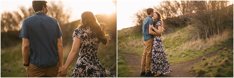 A couple outdoors at sunset in snohomish on the left they walk hand in hand on the right they embrace on a grassy path both looking relaxed and happy Snohomish wedding photography A couple outdoors at sunset in snohomish on the left they walk hand in hand on the right they embrace on a grassy path both looking relaxed and happy Snohomish wedding photography