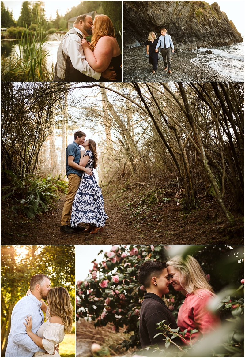 A collage of five photos shows couples embracing outdoors in various scenic settings around snohomish including a forest riverside rocky beach and gardens with flowers all sharing intimate and affectionate moments Snohomish wedding photography A collage of five photos shows couples embracing outdoors in various scenic settings around snohomish including a forest riverside rocky beach and gardens with flowers all sharing intimate and affectionate moments Snohomish wedding photography