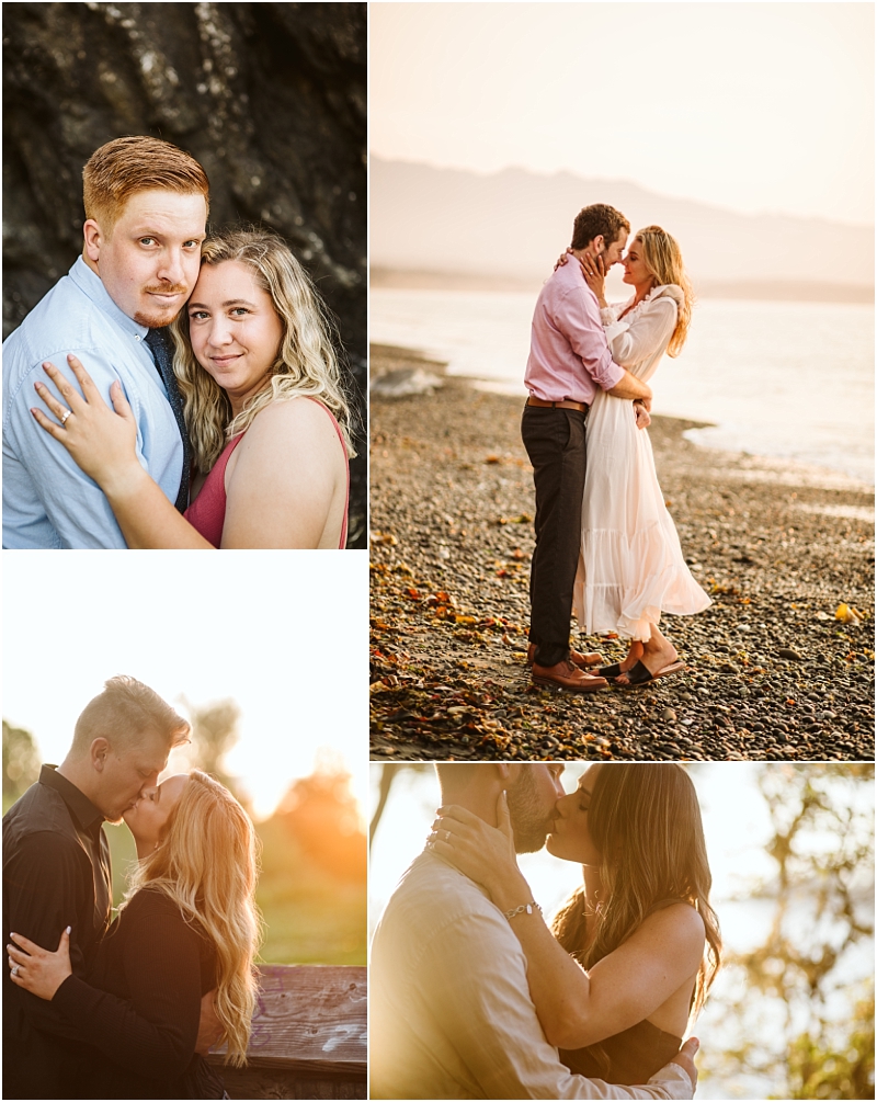 A collage of four romantic couples photos two people embracing by rocks a couple kissing on a pebbled beach at sunset and two pairs kissing outdoors in snohomishs warm golden sunlight Snohomish wedding photography A collage of four romantic couples photos two people embracing by rocks a couple kissing on a pebbled beach at sunset and two pairs kissing outdoors in snohomishs warm golden sunlight Snohomish wedding photography