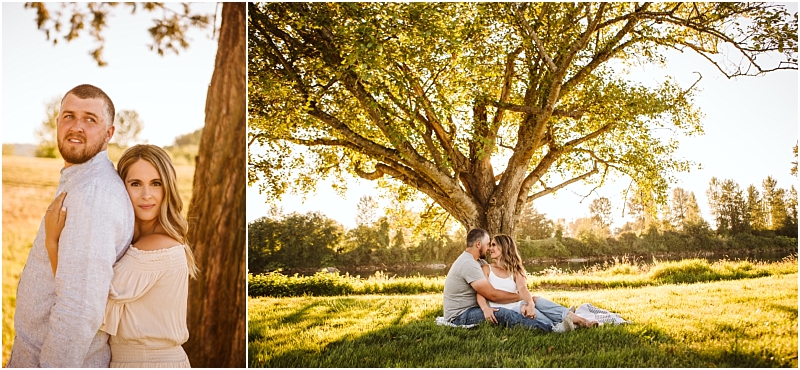 Two photos side by side left a couple stands by a tree in snohomish the man looking away the woman gazing at the camera right they sit on grass under a large tree sharing a close tender moment in golden sunlight Snohomish wedding photography Two photos side by side left a couple stands by a tree in snohomish the man looking away the woman gazing at the camera right they sit on grass under a large tree sharing a close tender moment in golden sunlight Snohomish wedding photography