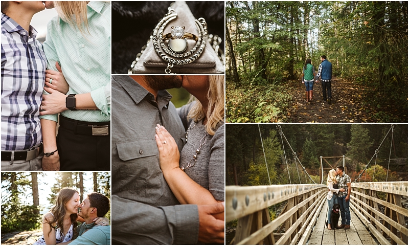 A collage of snohomish engagement photos shows a couple holding hands embracing walking in a forest sitting outdoors and a close-up of an engagement ring on jewelry Snohomish wedding photography A collage of snohomish engagement photos shows a couple holding hands embracing walking in a forest sitting outdoors and a close up of an engagement ring on jewelry Snohomish wedding photography