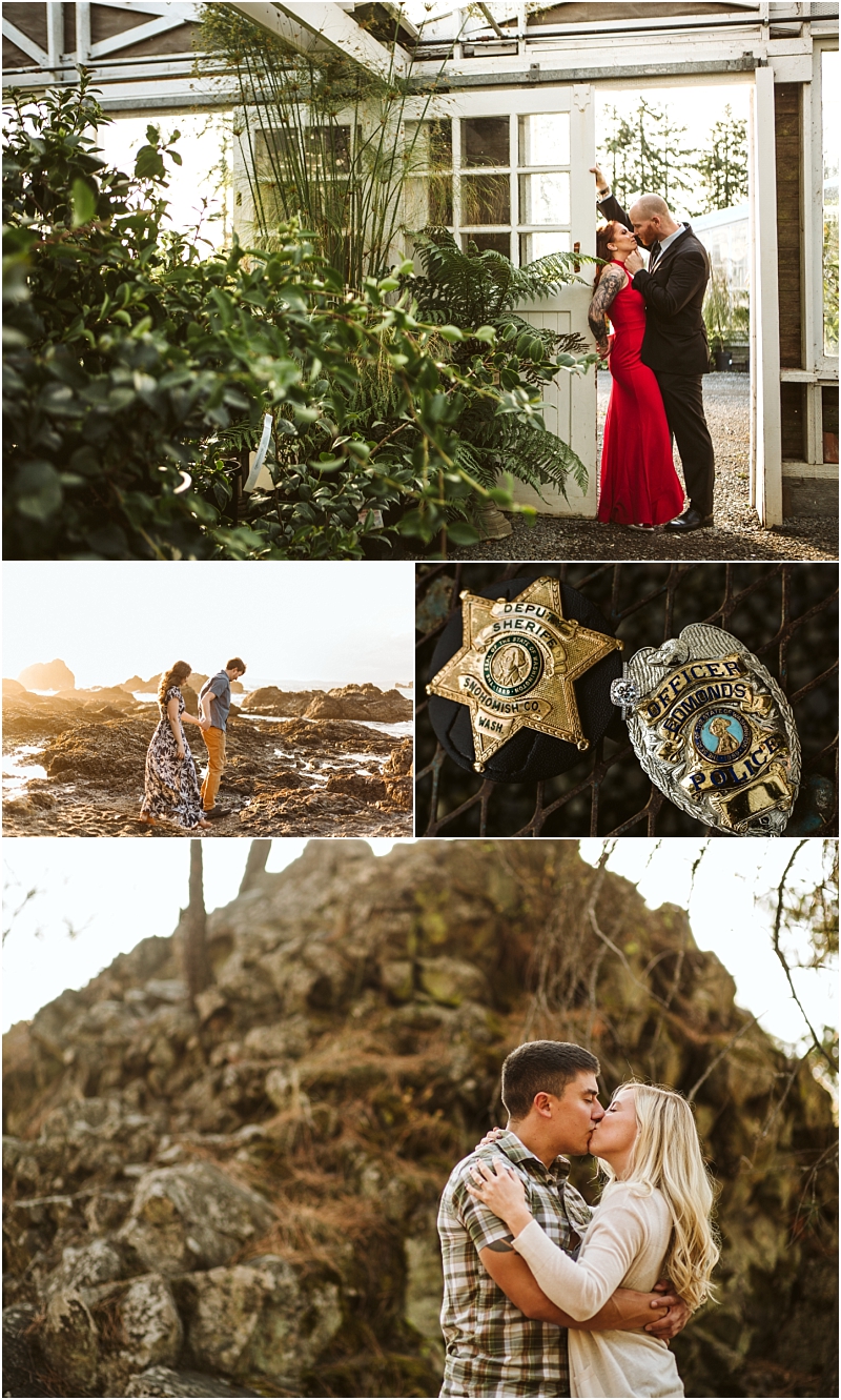 A collage of three romantic couple photos in snohomish one couple dancing under a glass building one strolling on a rocky beach and one kissing outdoors The center image features two sheriff badges resting on rocks Snohomish wedding photography A collage of three romantic couple photos in snohomish one couple dancing under a glass building one strolling on a rocky beach and one kissing outdoors The center image features two sheriff badges resting on rocks Snohomish wedding photography