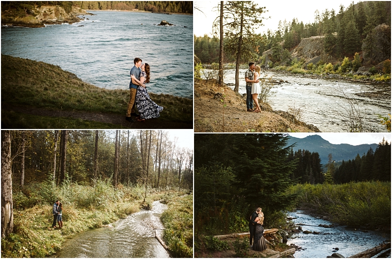 A collage of four outdoor engagement photos in snohomish featuring a couple embracing by rivers surrounded by trees and mountains in a natural scenic landscape Snohomish wedding photography A collage of four outdoor engagement photos in snohomish featuring a couple embracing by rivers surrounded by trees and mountains in a natural scenic landscape Snohomish wedding photography