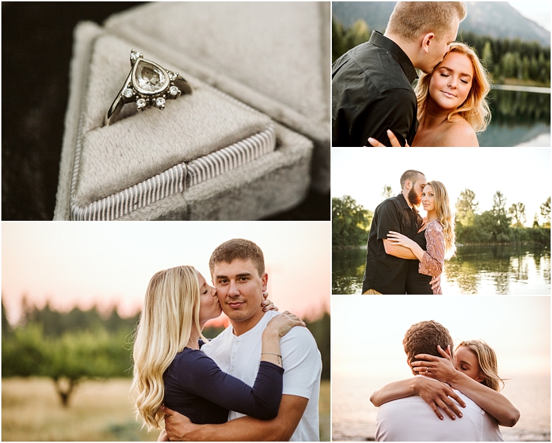 A collage featuring a diamond engagement ring in a box and four romantic outdoor photos of a couple embracing and sharing intimate moments near a lake and in the natural beauty of snohomish Snohomish wedding photography A collage featuring a diamond engagement ring in a box and four romantic outdoor photos of a couple embracing and sharing intimate moments near a lake and in the natural beauty of snohomish Snohomish wedding photography
