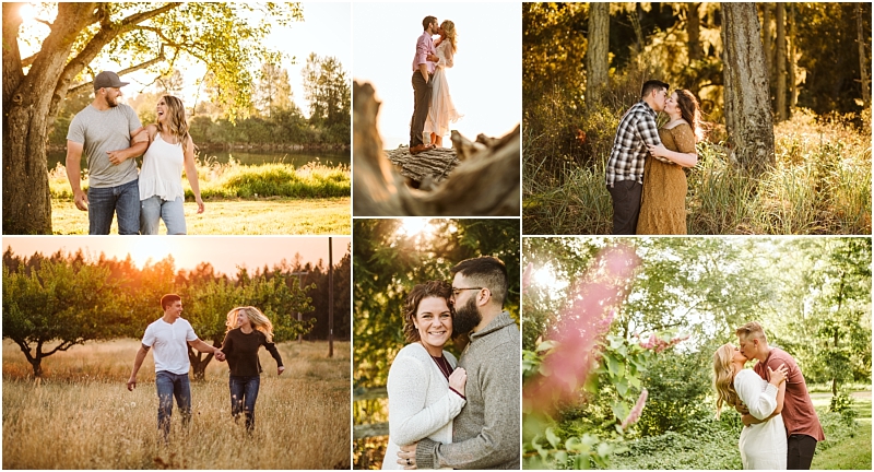 A collage of six outdoor engagement photos featuring couples embracing holding hands or kissing in natural snohomish settings with trees fields and warm sunlight Snohomish wedding photography A collage of six outdoor engagement photos featuring couples embracing holding hands or kissing in natural snohomish settings with trees fields and warm sunlight Snohomish wedding photography
