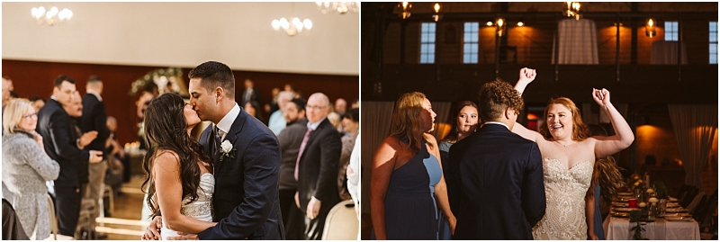 Split image left side shows a bride and groom kissing in front of seated guests at their snohomish wedding right side shows the bride smiling and raising her arms in celebration at the reception with guests nearby Snohomish wedding photography Split image left side shows a bride and groom kissing in front of seated guests at their snohomish wedding right side shows the bride smiling and raising her arms in celebration at the reception with guests nearby Snohomish wedding photography