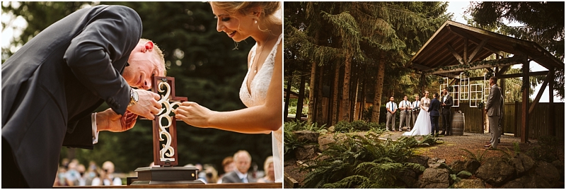 A bride and groom assemble a decorative unity puzzle during their outdoor snohomish wedding ceremony surrounded by trees and guests A second view reveals the full celebration beneath a rustic wooden pavilion Snohomish wedding photography A bride and groom assemble a decorative unity puzzle during their outdoor snohomish wedding ceremony surrounded by trees and guests A second view reveals the full celebration beneath a rustic wooden pavilion Snohomish wedding photography