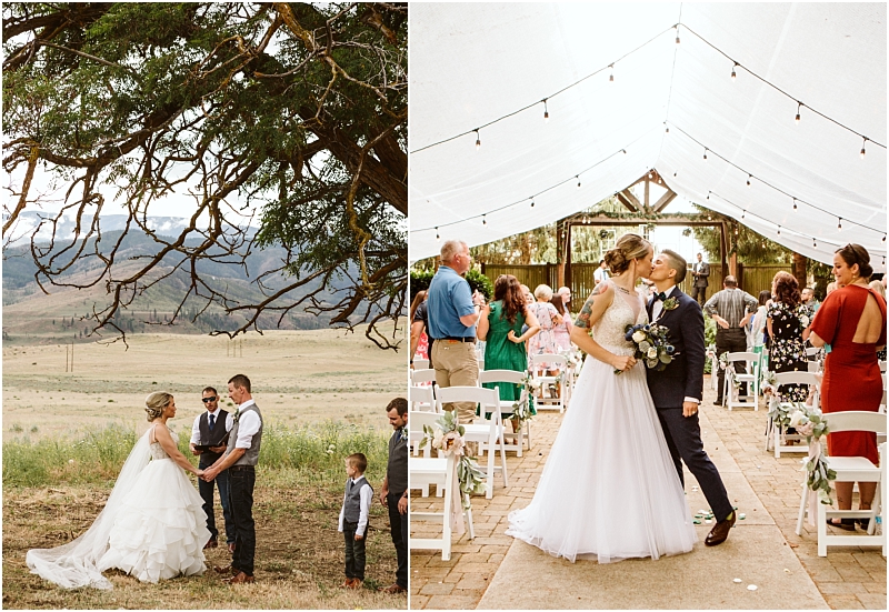 Two wedding scenes in snohomish on the left a couple exchanges vows outdoors under a large tree with open fields behind them On the right they kiss beneath a white tent aisle surrounded by applauding guests Snohomish wedding photography Two wedding scenes in snohomish on the left a couple exchanges vows outdoors under a large tree with open fields behind them On the right they kiss beneath a white tent aisle surrounded by applauding guests Snohomish wedding photography