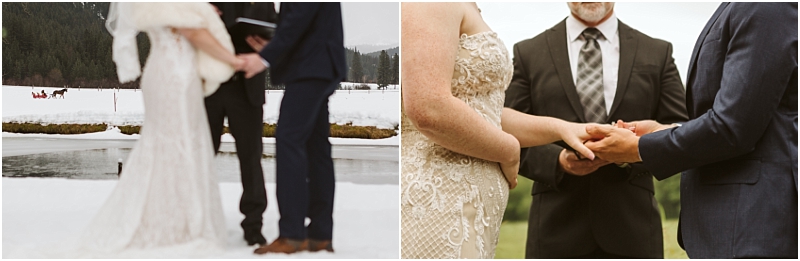 Two side-by-side wedding scenes on the left a couple stands outdoors in the snow holding hands in snohomish on the right a close-up of a couple exchanging rings during an outdoor ceremony Snohomish wedding photography Two side by side wedding scenes on the left a couple stands outdoors in the snow holding hands in snohomish on the right a close up of a couple exchanging rings during an outdoor ceremony Snohomish wedding photography